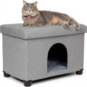 BIRDROCK HOME Pet House Bench Ottoman – Cat or Dog Furniture Bed – Footstool – Cozy Condo Cave – Grey (Wide)
