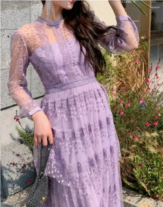 Casual Dresses High Quality Design Runway Dress Women Long-Sleeved Purple Lace Patchwork Mesh Embroidered