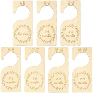 7 Pieces Baby Closet Size Divider Wooden Baby Closet Organizers Hanging Closet Dividers from Newborn Infant to 24 Months for Home Nursery Baby Clothes (Wood Color)