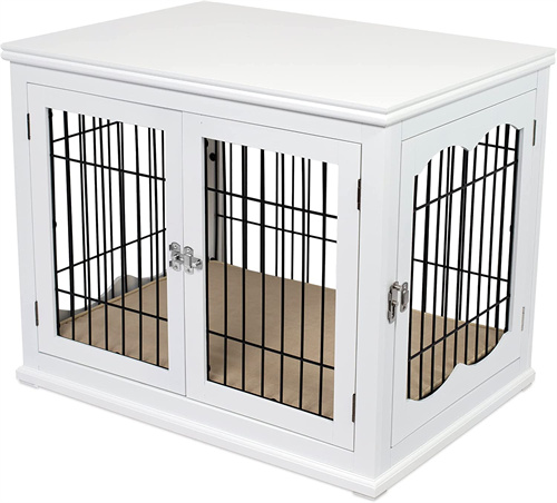 Internet’s Best Decorative Dog Kennel with Pet Bed – Small Dog – Double Door – Wooden Wire Dog House – Indoor Pet Crate Side Table – White