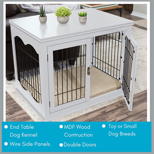 Internet’s Best Decorative Dog Kennel with Pet Bed – Small Dog – Double Door – Wooden Wire Dog House – Indoor Pet Crate Side Table – White