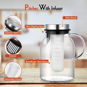 Glass Water Pitcher, Fruit Infuser Pitcher with Removable Lid, High Heat Resistance Infusion Pitcher for Hot/Cold Water, Flavor-Infused Beverage & Iced Tea – 2 Qt