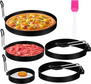5 Pieces Stainless Steel Egg Rings with Silicone Oil Brush Egg Cooking Rings Pancake Non Stick Ring Mold for Breakfast Pancakes Fried Eggs Omelette Sandwich Burger (8 Inch, 6 Inch, 4 Inch, 3.5 Inch)