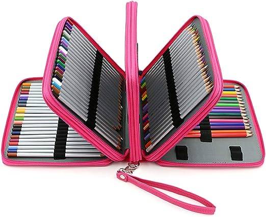 BTSKY®Colored Pencil Case Holder- Big Capacity Deluxe PU Leather Storage Pencil Organizer Holds 160 Pencils with Handle Strap for School College Office Watercolor Pencils Organization