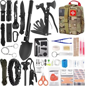 Kit Survival Darurat lan Kit Pertolongan Pertama, 142Pcs Perlengkapan Survival Profesional lan Peralatan karo Kantong Molle, kanggo Pria Camping Outdoor Adventure