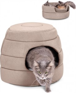 BIRDROCK HOME 2 in 1 Pet Bed for Cats or Small Dogs – Cozy Cat Cave or Plush Dog Bed – Indoor Teepee House for Pets (16 Inch Wide, Beige)