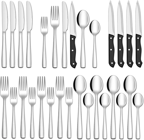 Hiware 24-Piece Silverware Set with Steak Knives, Stainless Steel Flatware Cutlery, Mirror Polished Utensils Set for 4, Includes Forks Spoons Knives Silverware, Dishwasher Safe