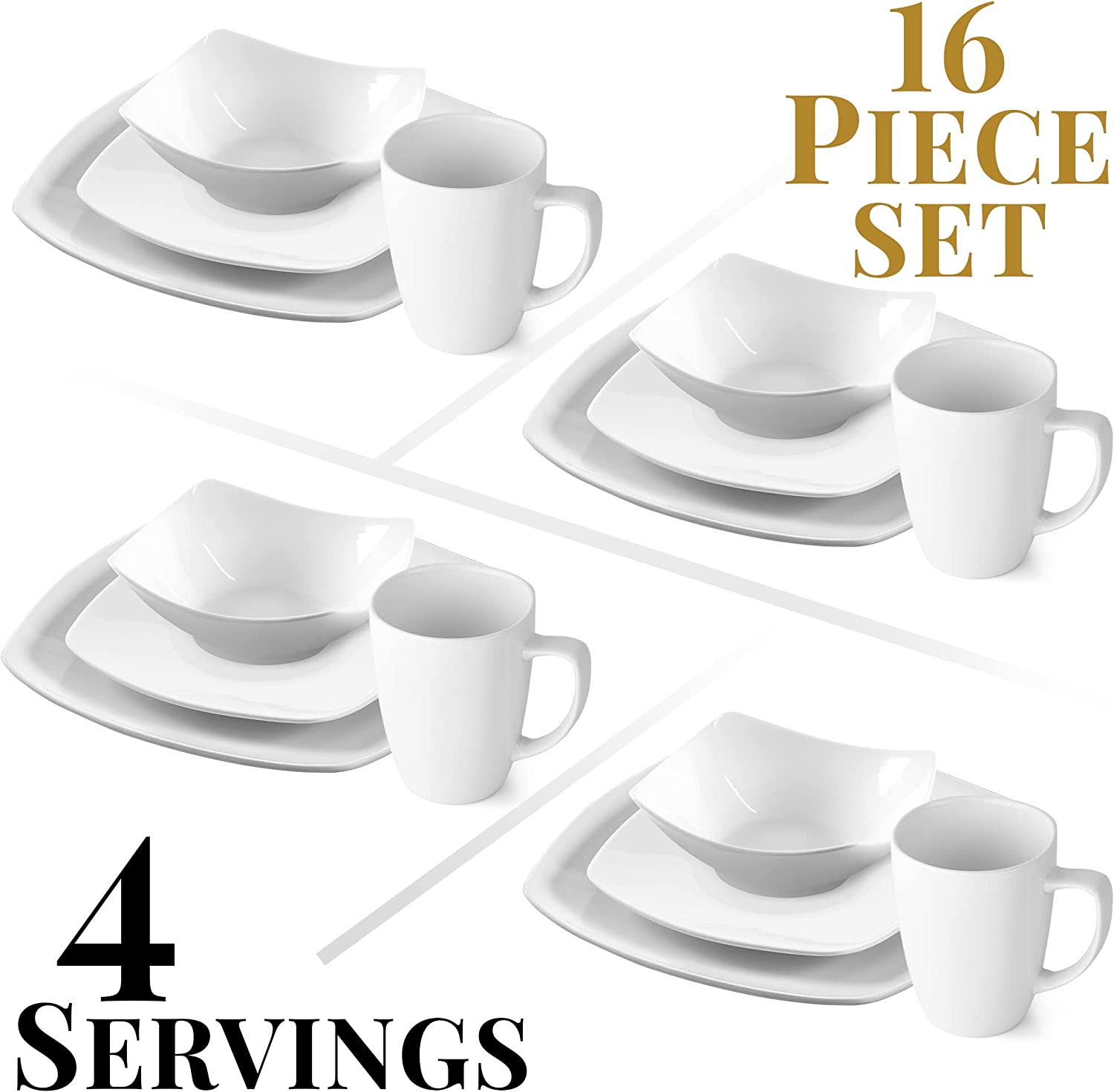 Zulay 16 Piece Dinnerware Sets – Porcelain White Dinnerware Set, Premium Quality Service For 4 – Includes 4 White Dishes and Plates Sets, 4 Soup Bowls, 4 Mugs and 2 Sponges
