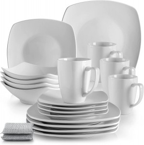 Zulay 16 Piece Dinnerware Sets – Porcelain White Dinnerware Set, Premium Quality Service For 4 – Includes 4 White Dishes and Plates Sets, 4 Soup Bowls, 4 Mugs and 2 Sponges